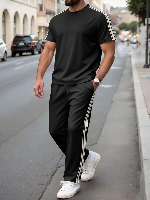 New Summer Style Men's Casual Suit With Decorative Strips, Versatile Short-sleeved Long Pants, Sports Outfit For Men_viptrois.com