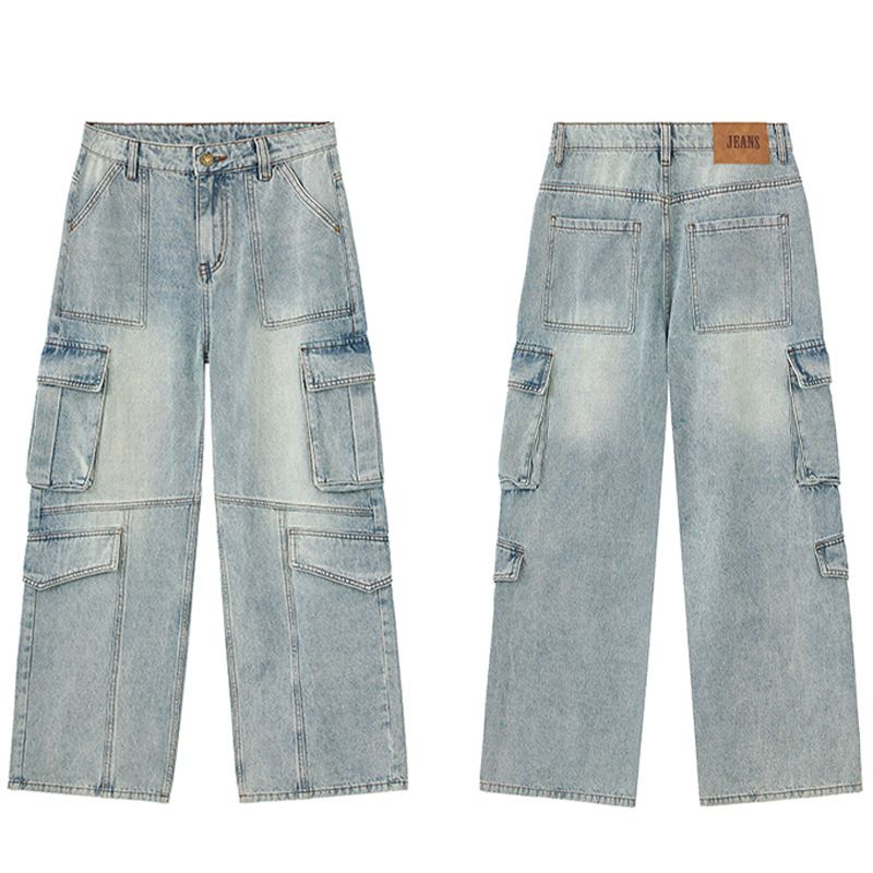 Men's Clothing & Archer0603 & American Streetwear High Street Washed Patchwork Straight Leg Loose Fit Jeans Men's Distressed Multi Pocket Pants_viptrois.com