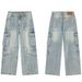 Men's Clothing & Archer0603 & American Streetwear High Street Washed Patchwork Straight Leg Loose Fit Jeans Men's Distressed Multi Pocket Pants_viptrois.com