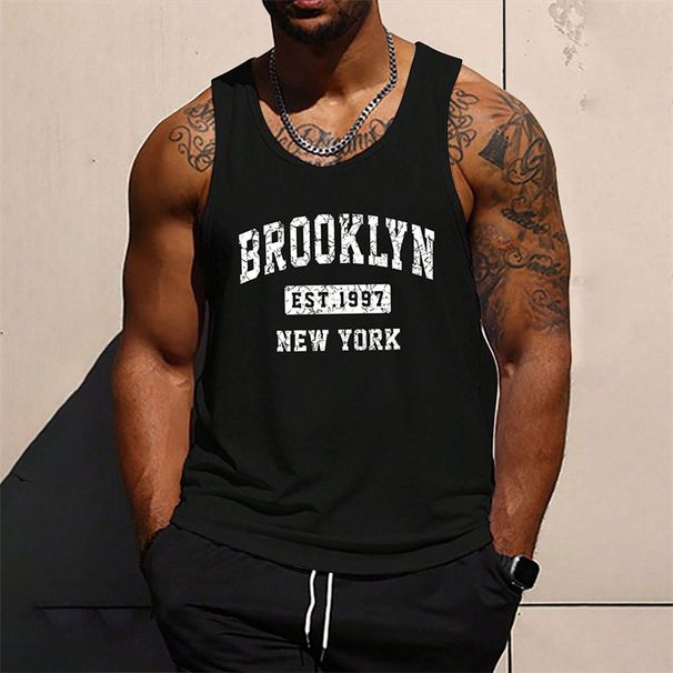 Canotta Uomo Girocollo 100% Cotone Stampa 3D Lettere Brooklyn Traspirante Senza Maniche Abbigliamento Palestra Estivo Multicolore_viptrois.com