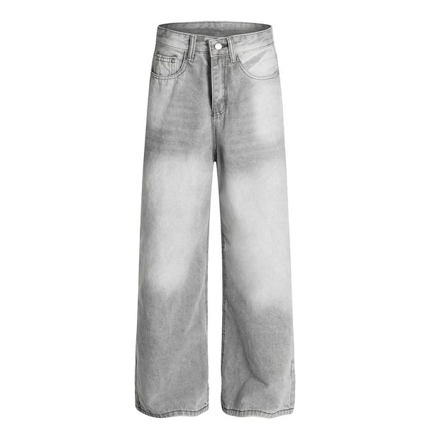 Heavy-Duty Faded Washed Gradient Denim Men's Punk Handmade Distressed Loose Straight-Leg Pants Trendy_viptrois.com