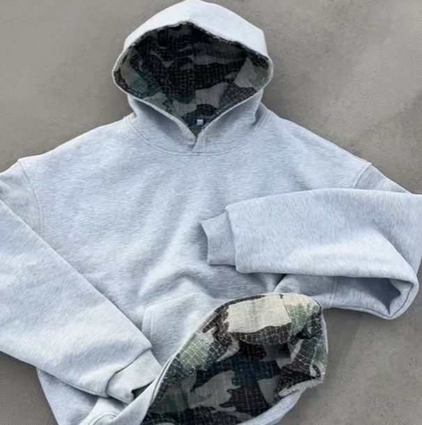 Men's Reversible Camo Hooded Sweatshirt - Thick Fleece Pullover With Patchwork Design, Loose Fit For Casual Winter Wear (Grey, S-XXL)_viptrois.com