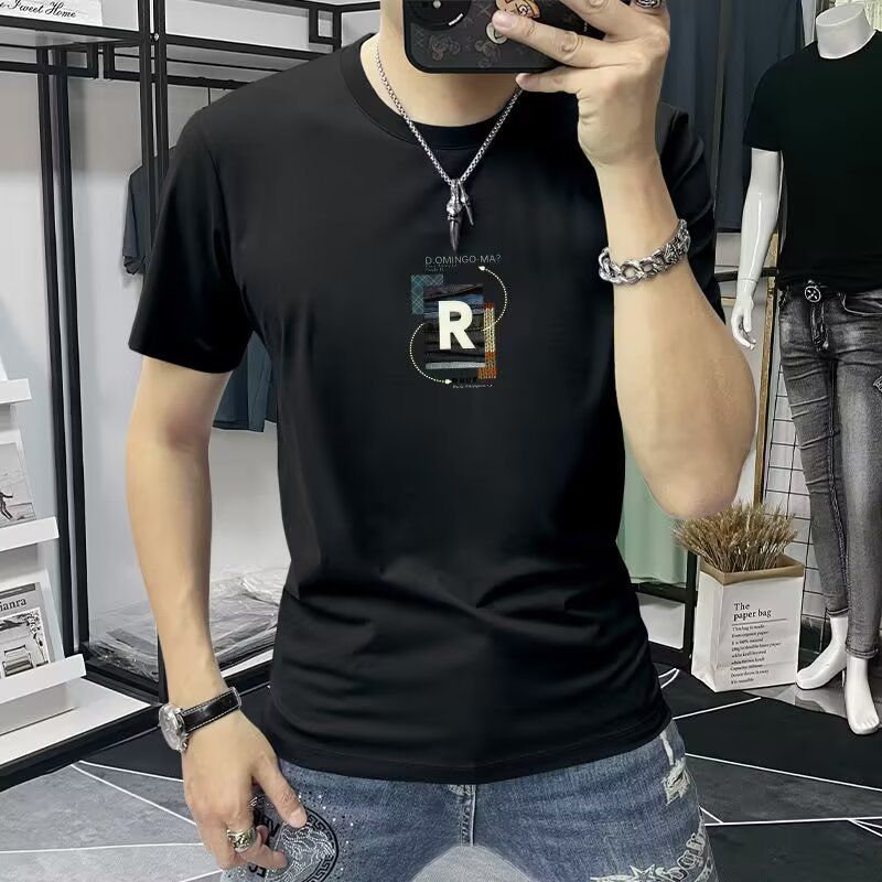 Men's Cotton Printed T-Shirt, Soft Breathable Short Sleeve Tee, Slim Fit Casual Top For Daily Wear, Fashion Solid Basics_viptrois.com