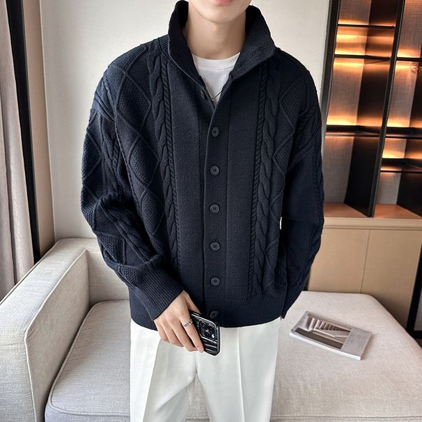 Men's Knit Cardigan – Polyester Blend Open-Front Sweater With Fleece Lining (M-3XL, Beige/Navy/Coffee, Relaxed Fit, Casual & Business Wear)_viptrois.com