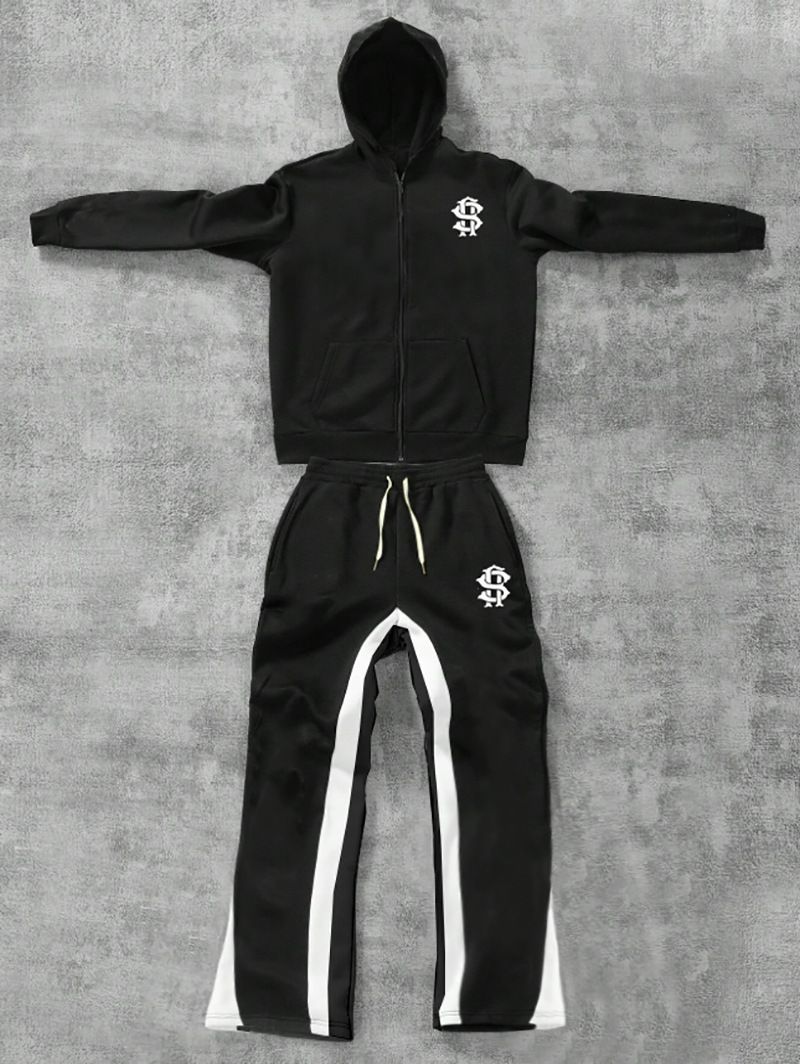 Men's Clothing Men's Trendy Hooded Printed Sweatshirt Set, Suitable For Street Style, Everyday Wear, Sports, And Parties._viptrois.com