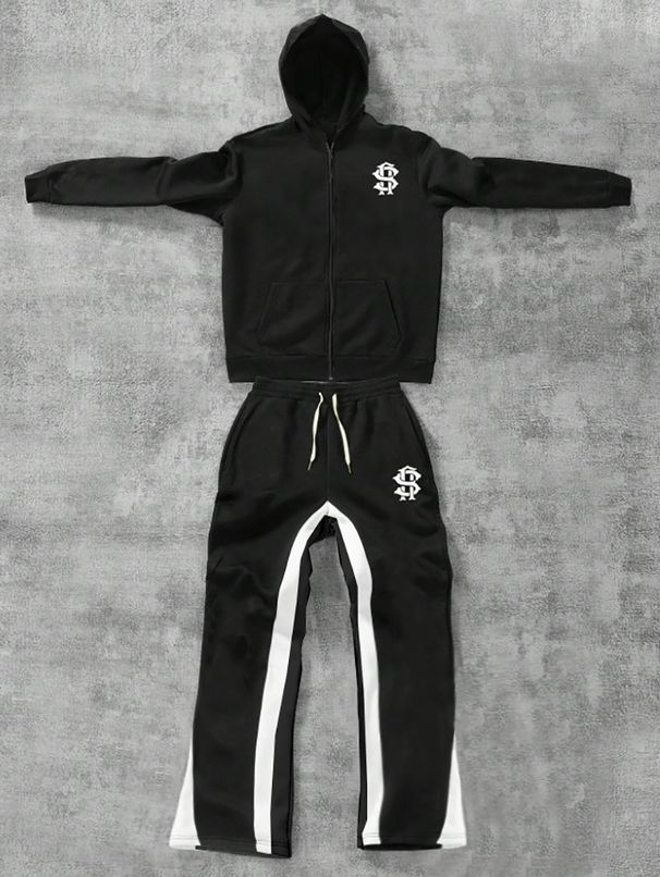 Men's Clothing Men's Trendy Hooded Printed Sweatshirt Set, Suitable For Street Style, Everyday Wear, Sports, And Parties._viptrois.com
