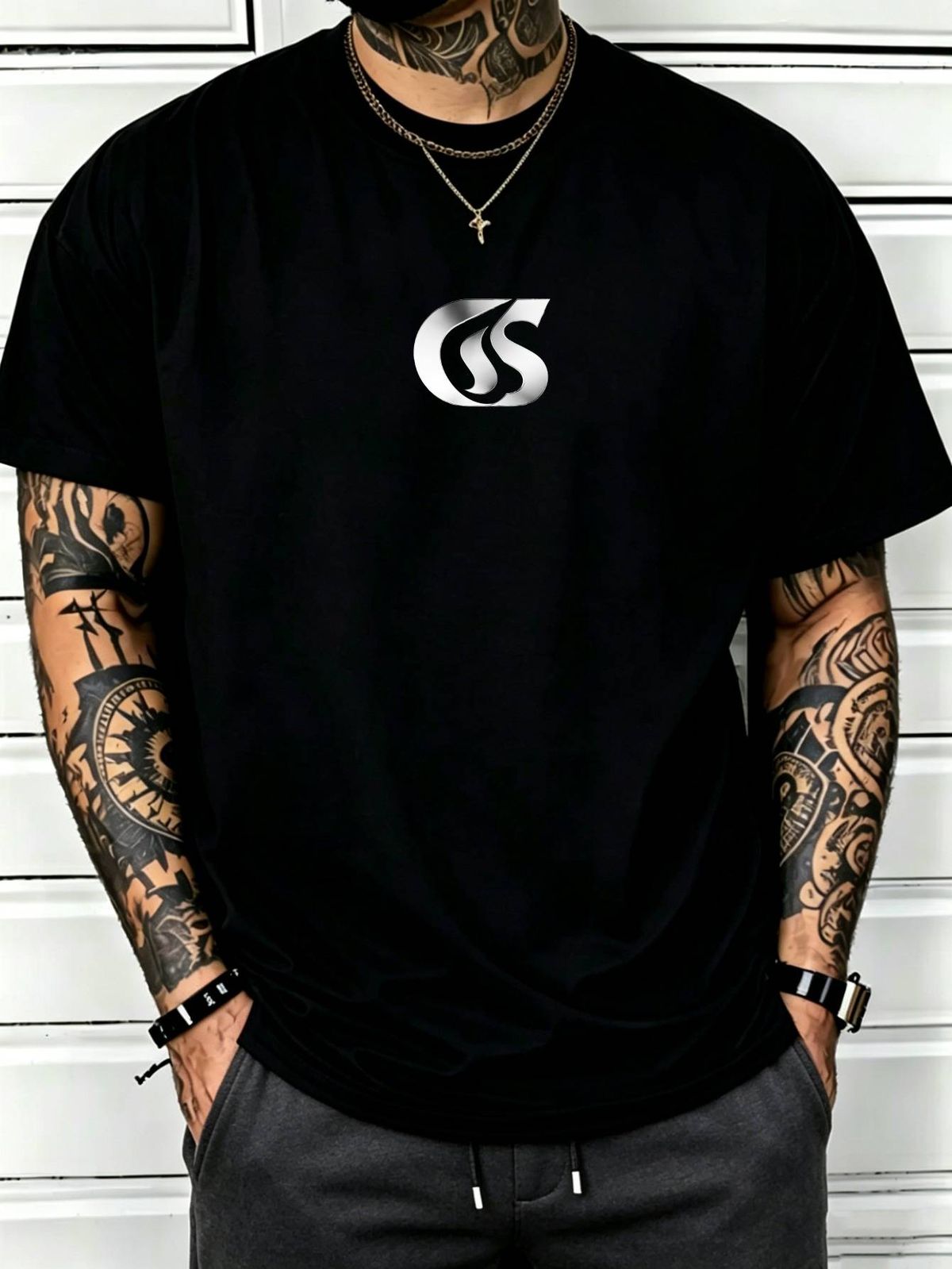 100% Cotton Men Casual T-shirt Metallic Silver CS Abstract Print Crew Neck Short Sleeve Daily Streetwear Top_viptrois.com