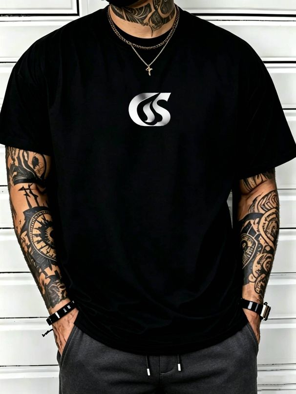 100% Cotton Men Casual T-shirt Metallic Silver CS Abstract Print Crew Neck Short Sleeve Daily Streetwear Top_viptrois.com