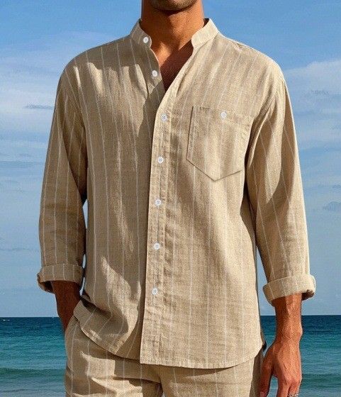 Men's Linen Fashion Shirt Striped Stand Collar Loose Casual Short Sleeve Breathable Summer Black Blue Khaki_viptrois.com