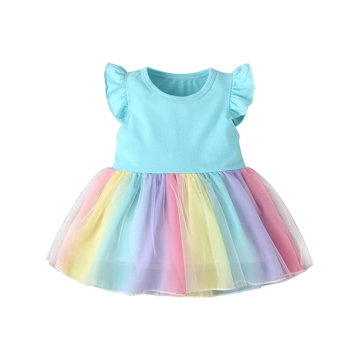 Mother Kids Summer Flying Sleeve Girls Mesh Rainbow Dress_viptrois.com