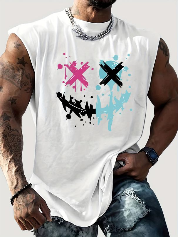 100% Pure Cotton Men's Summer Casual Sports Fitness Loose Smiling Face Pattern Printed Breathable Round Neck Sleeveless Vest_viptrois.com