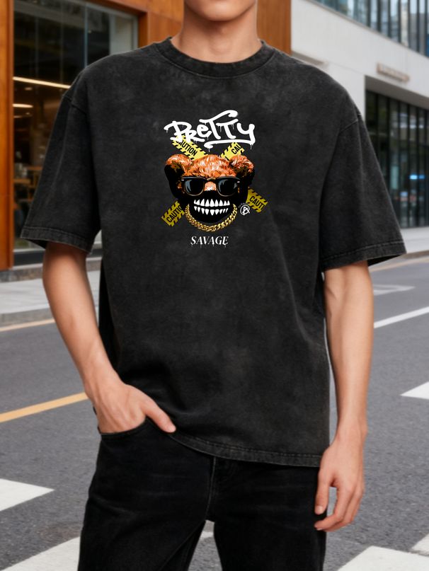 Streetwear Style T Shirt With Bear Graphic And Gold Chain Design Distressed Black Cotton Oversized Fit For Men Casual Wear_viptrois.com