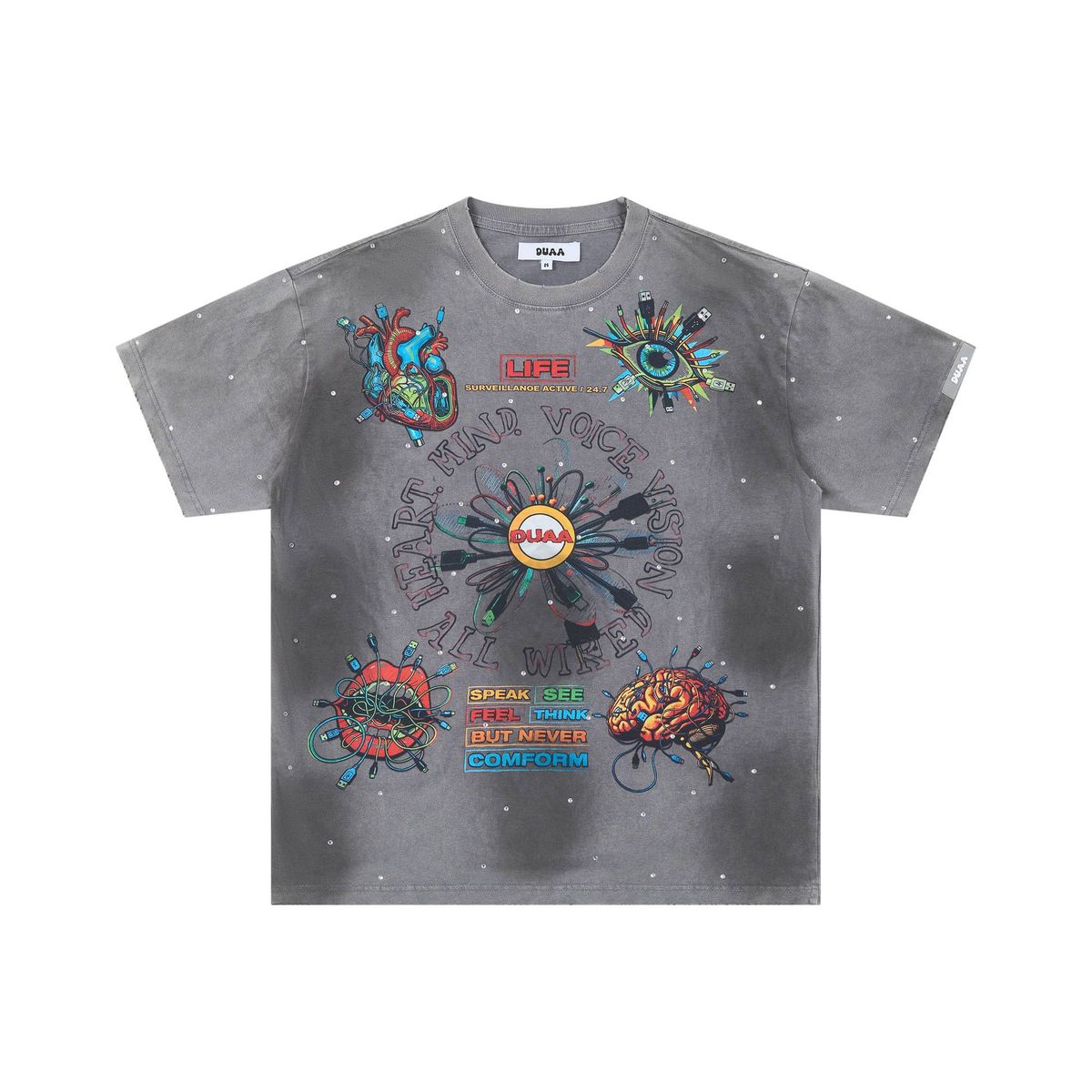 Summer Vintage Grey Rhinestone T-Shirt Cyberpunk Human Organ Circuit Double-Sided Print Loose Hip-Hop Streetwear Top_viptrois.com