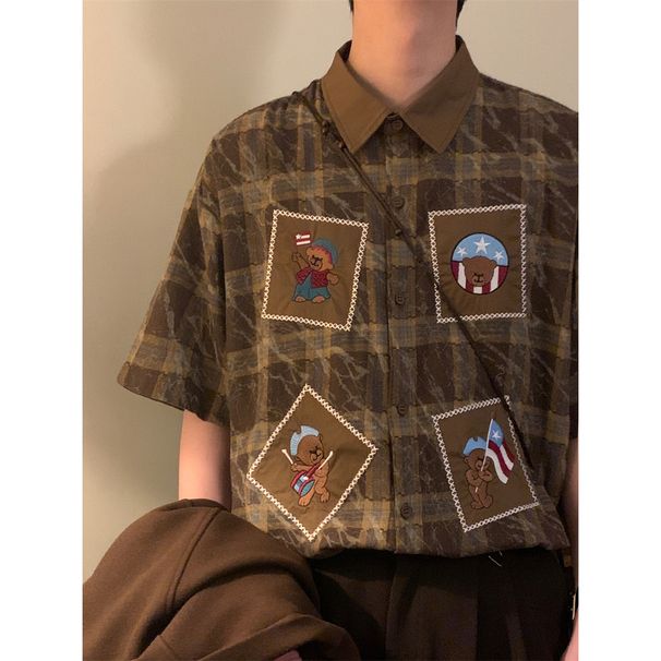 Summer New Retro Fun Embroidered Plaid Niche Contrasting Collar Short Sleeved Shirt Top For Men's Fashion_viptrois.com