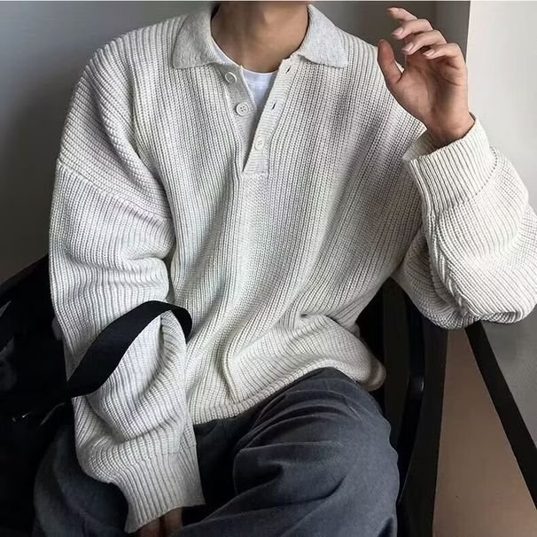 Loose-Fit Polo Knit Sweater – Oversized Retro Pullover For Men (Machine-Washable Polyester Blend, Ribbed Hem, Minimalist Streetwear Essential)_viptrois.com