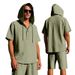 Men's Clothing Summer Men's Loose Casual Linen Solid Color Buttoned Beach Hooded Short Sleeved Suit_viptrois.com