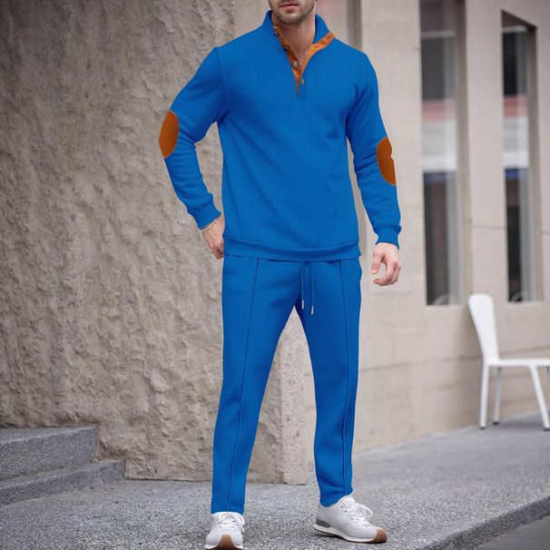 Men's Autumn Casual Long Sleeve Button-Up Collar Color Block Hoodie & Pants Set_viptrois.com
