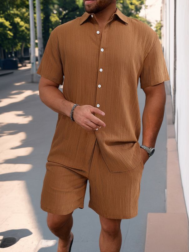 Men's Summer Casual Linen Shirt & Shorts Set - Breathable Loose Fit Beach Outfit - Short Sleeve Shirt With Mid-Length Pants - S-XXXL_viptrois.com
