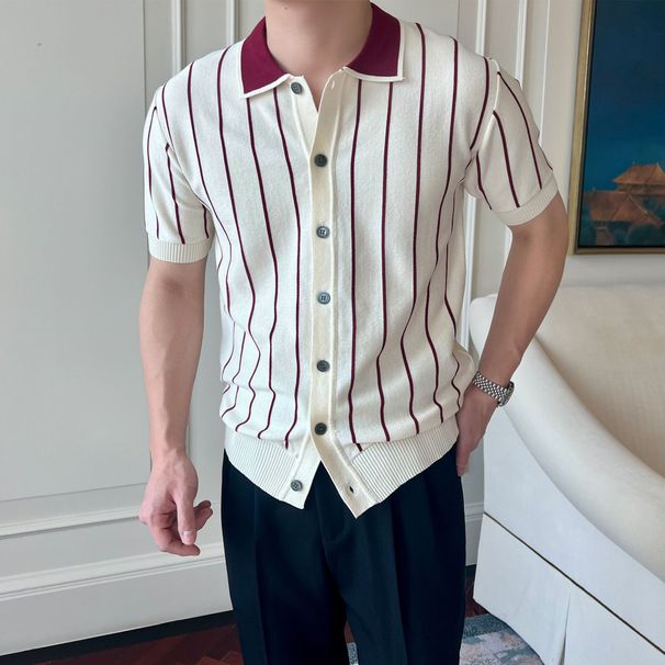 Men's Clothing Casual Striped Polo Shirt Men's Summer Business Lapel Slim Fit Top Gentleman Thin Knitted Striped Short Sleeved T Shirt_viptrois.com