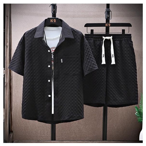 Summer Simple Suit For Men, Handsome And Stylish Short Sleeved Shirt And Shorts, A Set Of Plaid Thin Sports And Leisure Two Piece Suit_viptrois.com