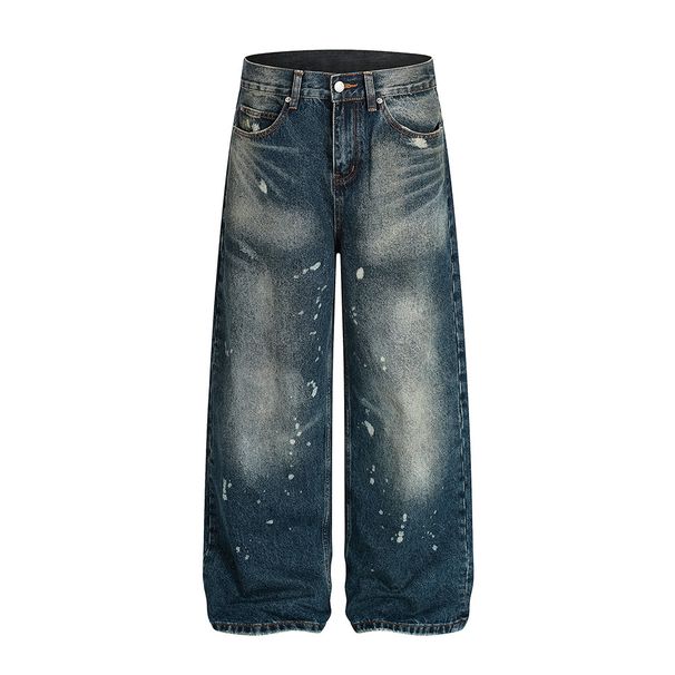 Paint Splatter Vintage White Jeans For Men Loose Wide Leg Frayed Hem Distressed Washed Straight Long Pants Trendy Punk_viptrois.com