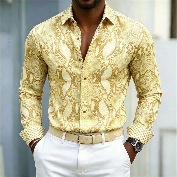 Men's Snake Print Shirt, Long Sleeve, Slim Fit, Wrinkle-Free, Business Casual, Urban Style, High Quality_viptrois.com