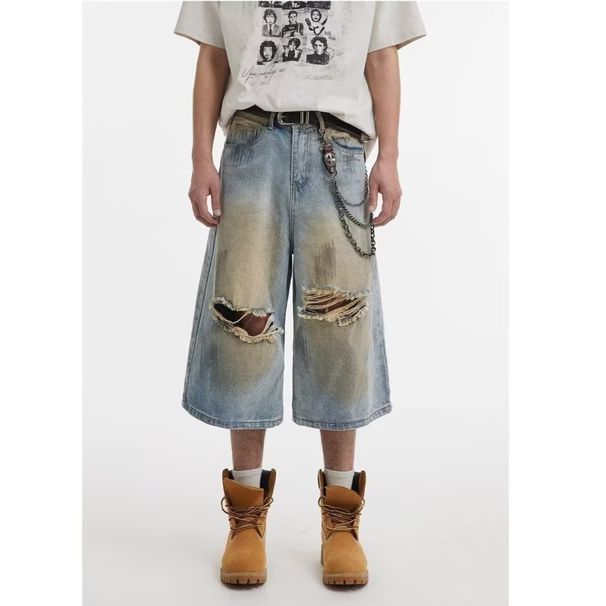 Men's Clothing New Men's Hip Hop Washed Denim Shorts Men's Summer Loose Cropped Pants_viptrois.com