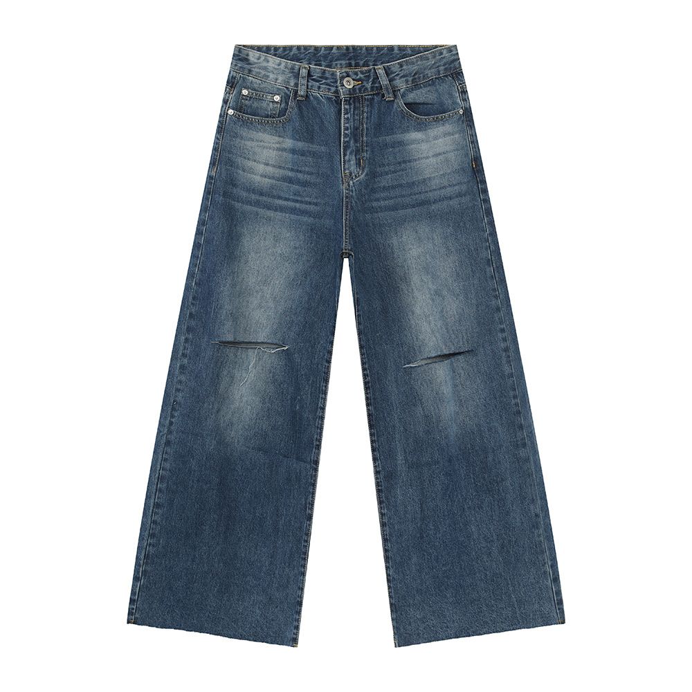 Men's Clothing American Oversize Washed And Ripped Design With Distressed And Bleached Street Jeans_viptrois.com