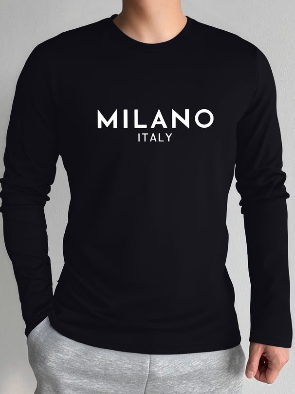 Men's Long Sleeved Round Neck Black T-shirt Top Loose 100 Cotton Tops_viptrois.com