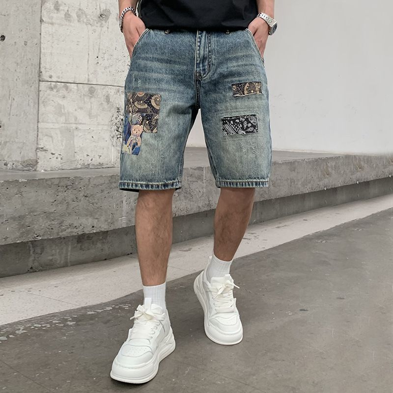 Men's Clothing High Street Denim Shorts Loose Ripped Patch Shorts Straight Rotten Hole Patch Shorts_viptrois.com