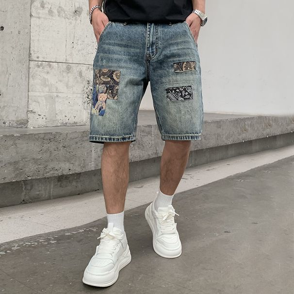 Men's Clothing High Street Denim Shorts Loose Ripped Patch Shorts Straight Rotten Hole Patch Shorts_viptrois.com