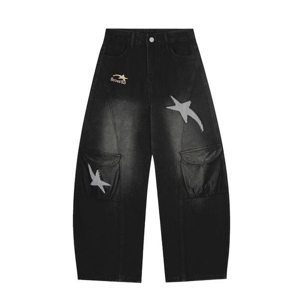 Punk Vintage Washed Scimitar Jeans For Men, Deconstructed Patchwork Multi-Pocket Design, Workwear Style Long Pants,_viptrois.com