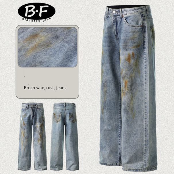 Men's Clothing Heavy Industry Large Baggy Blue Brush Wax Coating Spray Dirty Loose Wax Surface Jeans_viptrois.com