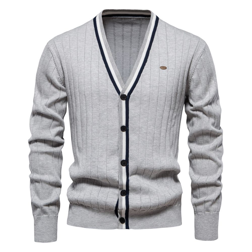 Men’s Contrast Trim V-Neck Cardigan – Autumn/Winter Long Sleeve Knit Sweater, Lightweight Open Front Jacket (Navy/Black_viptrois.com