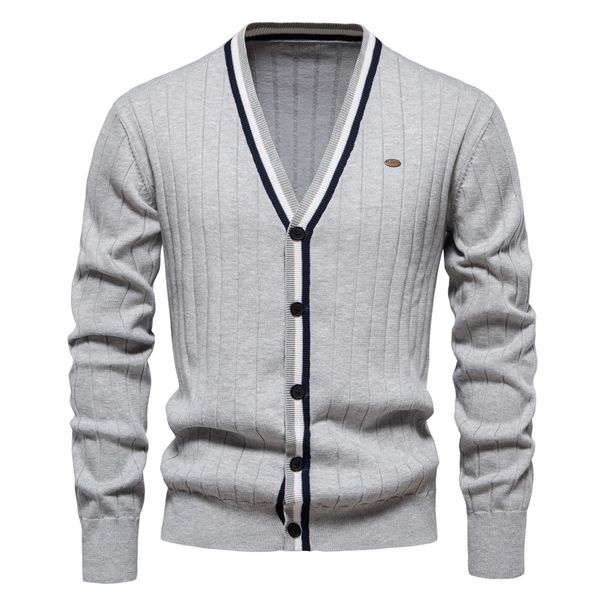 Men’s Contrast Trim V-Neck Cardigan – Autumn/Winter Long Sleeve Knit Sweater, Lightweight Open Front Jacket (Navy/Black_viptrois.com