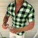 Men's Clothing Lapel Four Sided Stretch Plaid Printed Shirt Slim Fashion Zipper Cardigan Short Sleeved_viptrois.com