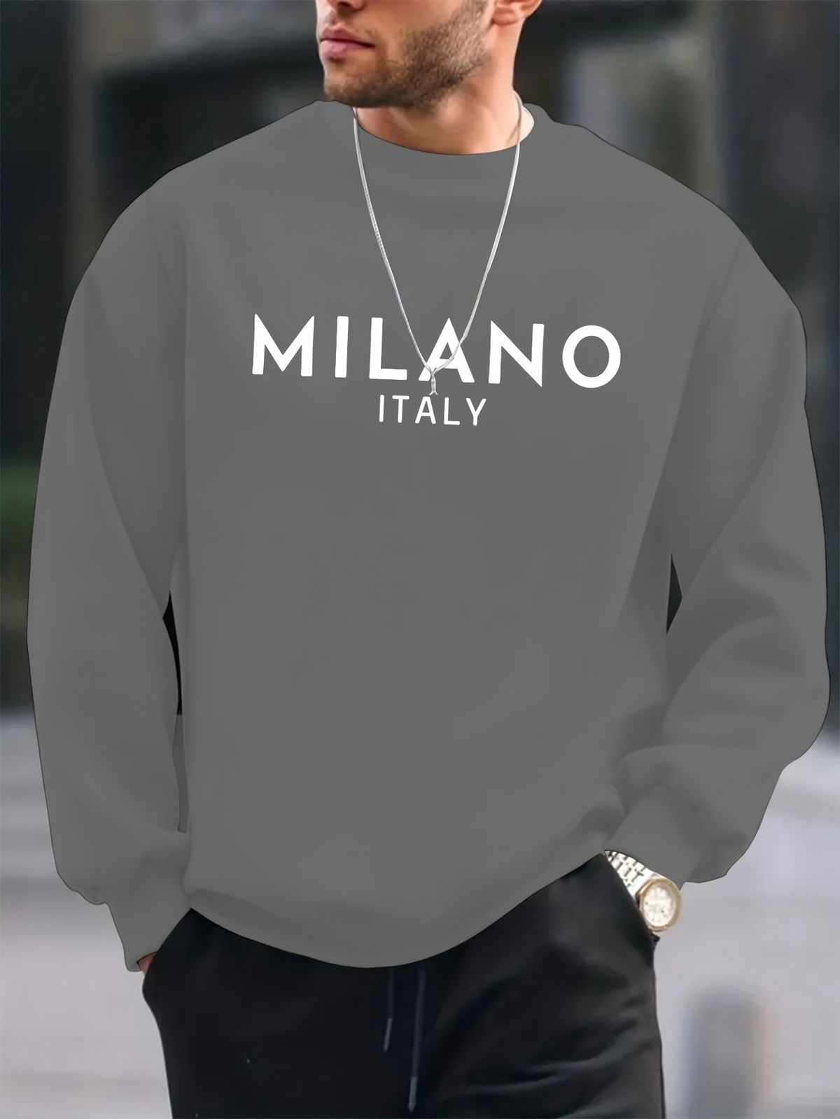 Men's Loose Simple Milano Italia Letter Print Crewneck Long Sleeve Sportswear For Autumn And Winter_viptrois.com