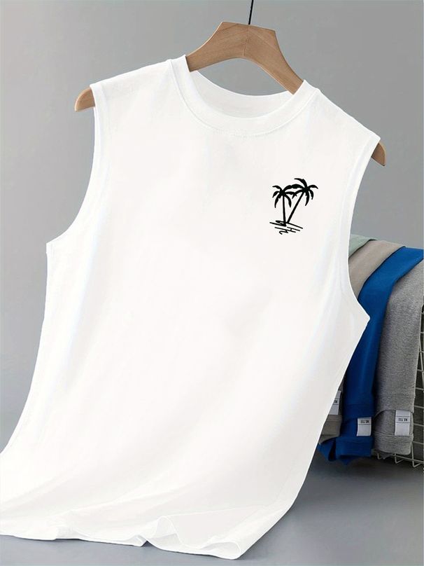 100% Pure Cotton Men's Summer Leisure Sports Fitness Loose Coconut Tree Print Breathable Round Neck Sleeveless Vest_viptrois.com