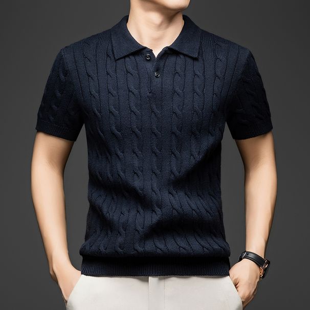 Light Luxury 100% Cotton Vintage Floral Knitted Short-sleeved Sweater For Men, With A Lapel Design_viptrois.com