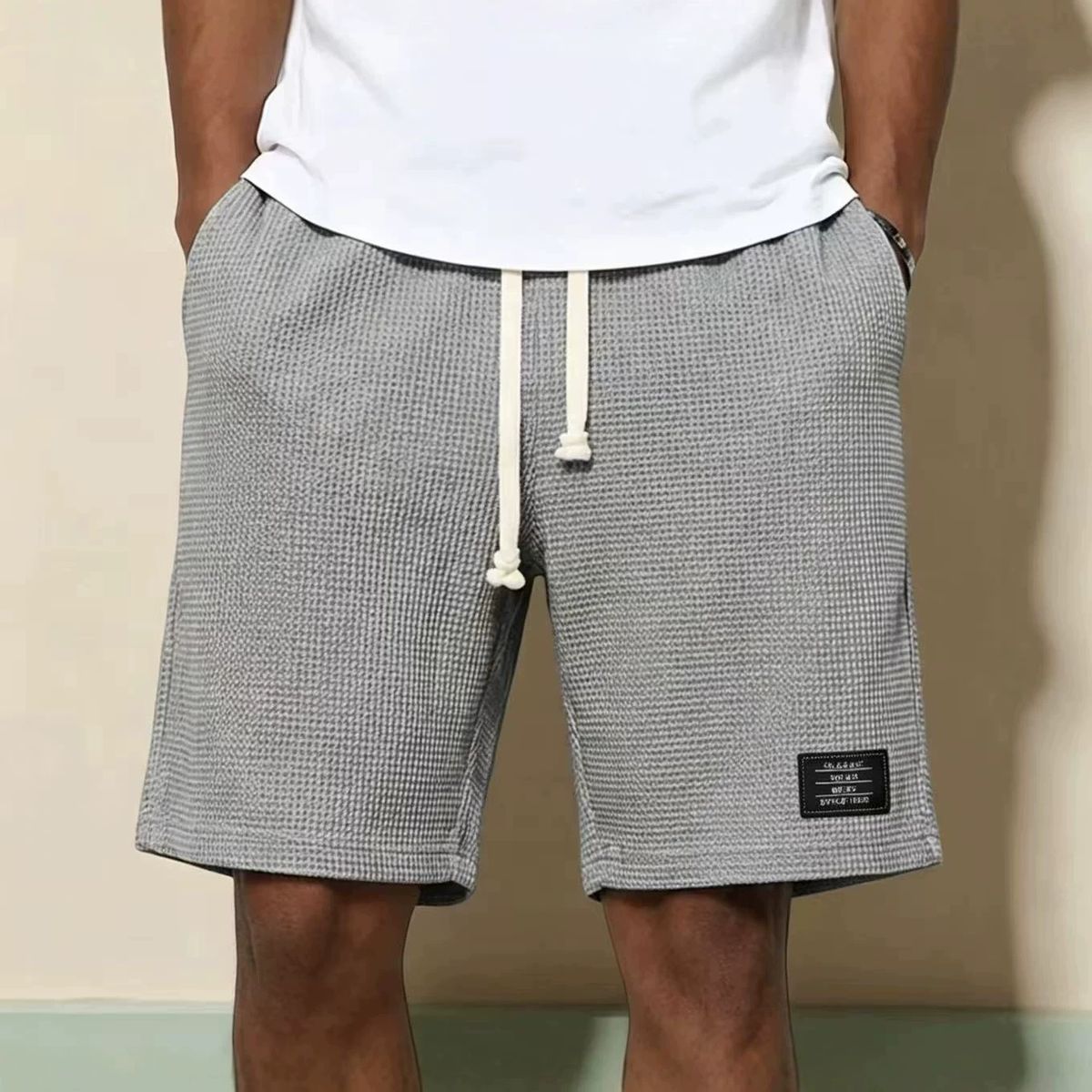 Men's Trendy Brand Label Waffle Knit Summer Casual Sports Shorts Loose Fitting Thin Cool Skin Friendly Five Point Length_viptrois.com