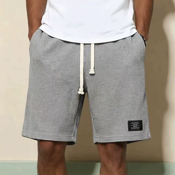 Men's Trendy Brand Label Waffle Knit Summer Casual Sports Shorts Loose Fitting Thin Cool Skin Friendly Five Point Length_viptrois.com