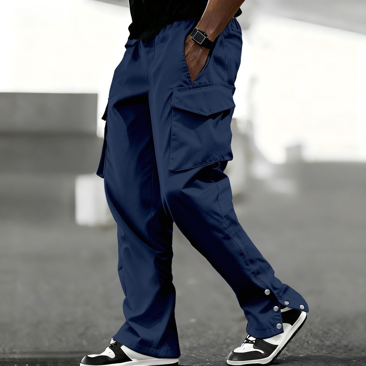 Men's Utility Cargo Pants – High-Waisted Drawstring Waist With Flap Pockets & Side Straps (S-XXXL, Black/Khaki/Navy/Light Blue)_viptrois.com