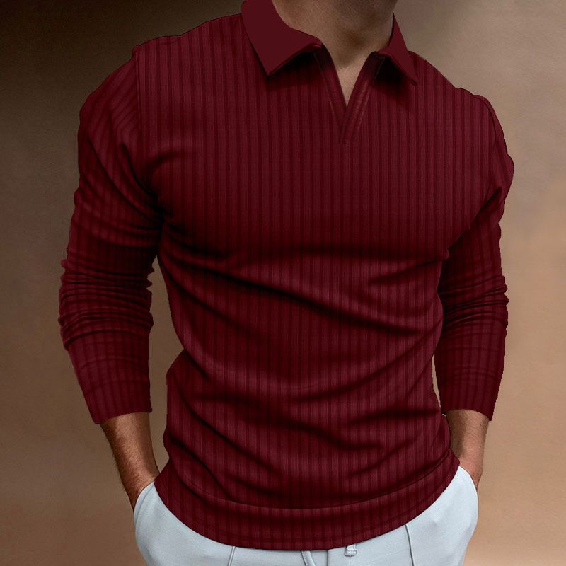 Men's Performance Polo Shirt – Slim Fit Stretch Knit Long Sleeve With V-Neck & Ribbed Collar (Quick-Dry Polyester, Gym-to-Street Versatility)_viptrois.com
