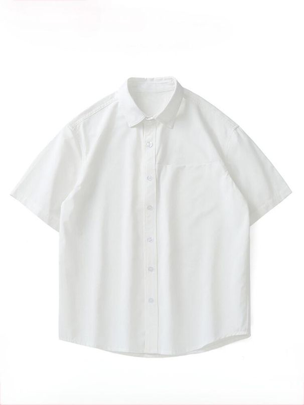 Summer New American Pure Cotton Men's Short Sleeved T-shirt Solid Color Lapel Pocket Casual White Shirt_viptrois.com