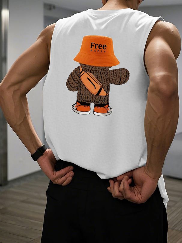 100% Pure Cotton Men's Summer Casual Sports Fitness Loose Cartoon Bear Pattern Printed Breathable Round Neck Sleeveless Vest_viptrois.com