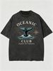 Summer New Washed Short-sleeved T-shirt, Men's Retro Oceanic Club Whale Tail Print Youth Loose Casual Street Tee_viptrois.com