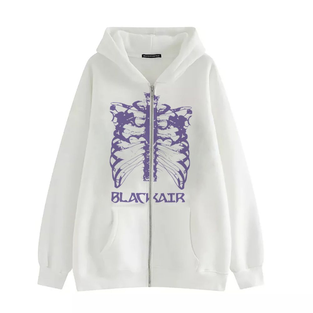 Y2K Skeleton Hoodie 90s Pattern Print Zip-Up Top Girl Sweatshirt_viptrois.com