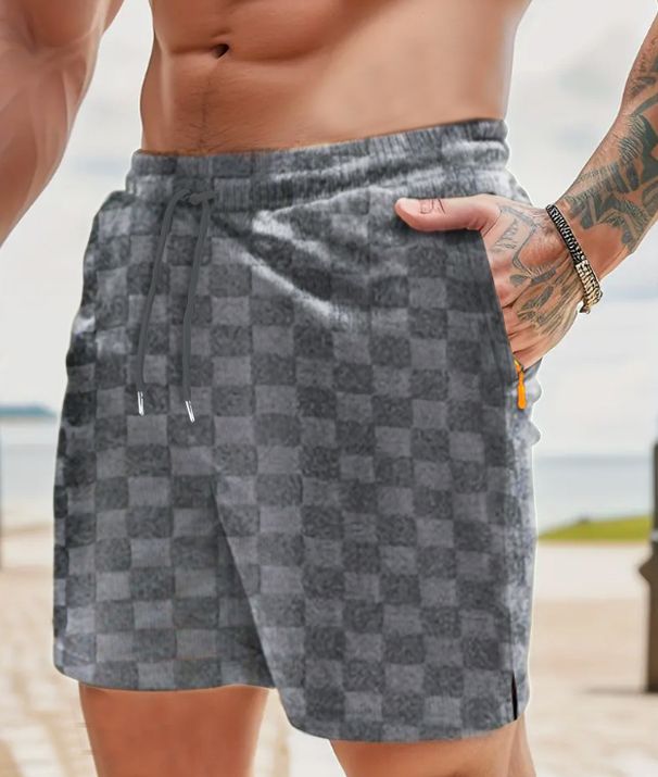Men's Clothing Summer New Zipper Pocket Shorts Checkerboard Jacquard Sports Shorts Casual Beach Pants_viptrois.com