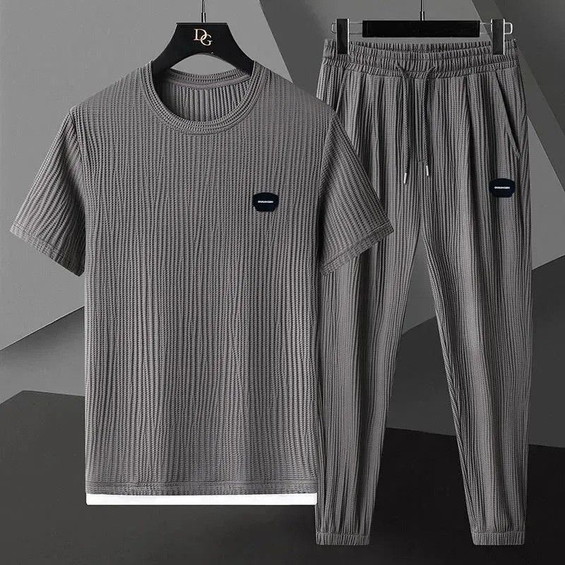 Men's Clothing Large Size Suit High End Leisure Sports Suit Men's Ice Silk Breathable Elastic Quick Drying Ultra Thin Short Sleeved Two Piece Suit_viptrois.com