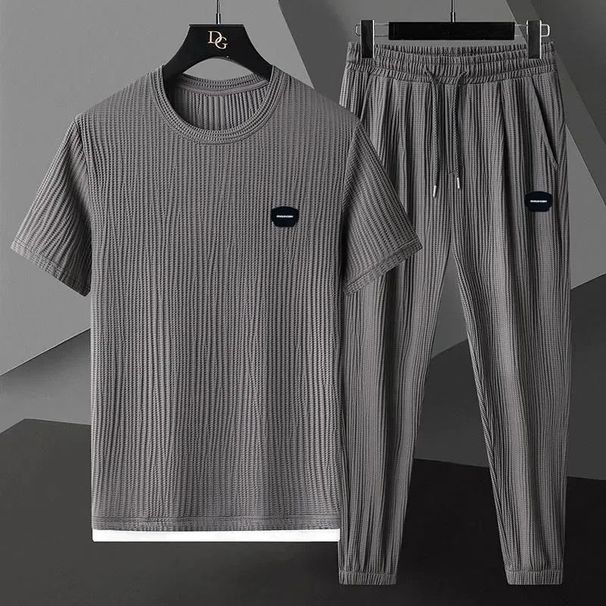 Men's Clothing Large Size Suit High End Leisure Sports Suit Men's Ice Silk Breathable Elastic Quick Drying Ultra Thin Short Sleeved Two Piece Suit_viptrois.com